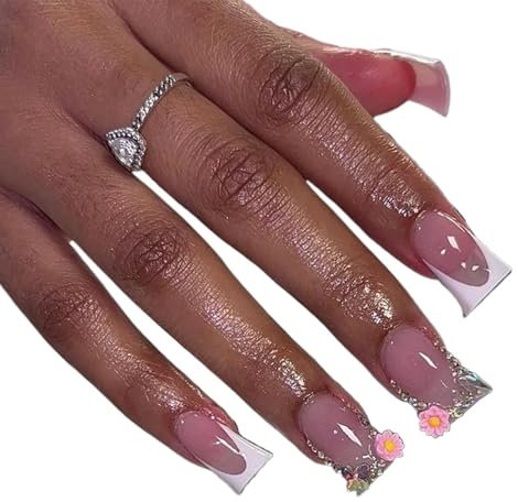 24pcs Square Head Fake Nails Rhinestone Design Duckbill Shaped False Nails Full Cover Wearable White French Press On Nails Tips Detachable Manicure Autumn Winter Luxury