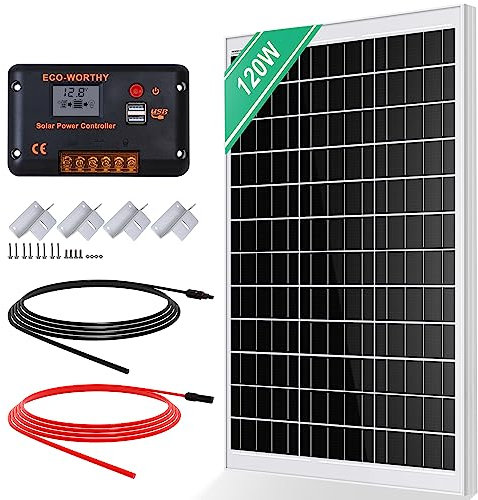 ECO-WORTHY Kit de panneau solaire 120 W 12 V 0,5 kWh/jour hors réseau pour camping-car, bateau, camping : panneau solaire mono 120 W + contrôleur de charge solaire PWM 30 A + supports Z + câbles