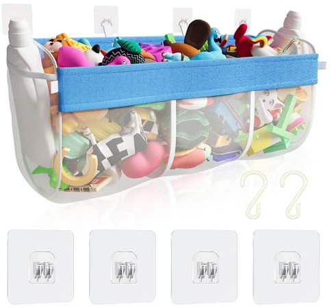 Badewannenspielzeug Aufbewahrung,63cm Badewannennetz für Spielzeug,Badespielzeug Aufbewahrung mit 3Fächern,Kinder Mesh Dusche Spielsachen Halterung mit 4Haken,Netz Badewannenspielzeug für Schlafzimmer