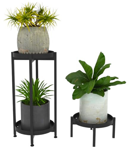 HENAYUK Pflanzenhocker Blumenregal, 2er Set Blumentopf Schwarz Ständer - 20 und 65 cm Hoch Blumenständer, Φ 30cm Blumensäule, 4 Beine Garten Blumenbank für Drinnen und Draußen