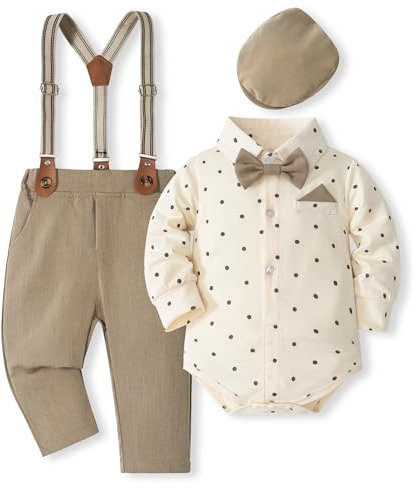 Volunboy Bimbo Neonato Completini e Coordinati Gentiluomo, Camicia Fiocco e Bretelle Pantaloni 4 Pezzi(12-18 mesi,Taglia 80,Puntini Kaki)