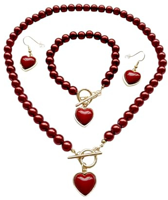 Dishowme Perle Herz Halskette Ohrringe Sets 4Pcs Vintage Kunstperle Armband Liebe Herz Choker Halskette Schmuck Sets für Damen Frauen