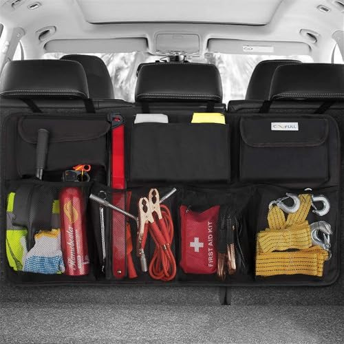 COOFULL Kofferraum Organizer Auto, multi aufbewahrungstasche für auto mit netztaschen, kofferraumtasche, schwarz XL
