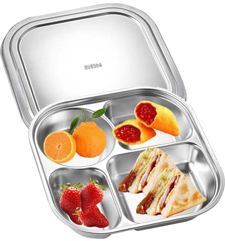 AIYoo 18/10 Stainless Steel Divided Plates With Steel Lid,4 Sections Dinner Platter Food Compartment Tray for Adult,Portion Control Plate with Divider,Mess Food Sectioned Tray for Cafeteria,Campers