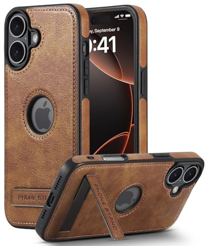 BinBoom Leather Case for iPhone 16 Plus, with Kickstand, Brown | Thin Flexible Soft Grip, Luxury Retro PU Leather + TPU Cover, Shockproof Drop Protection