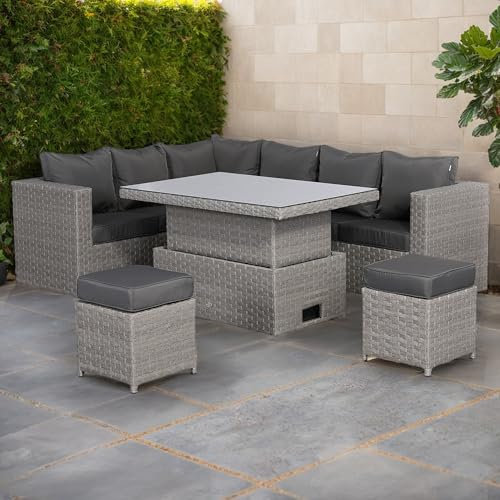Club Rattan Rattan Modular Corner Sofa Set Rattan Garden Furniture Set Patio Corner Sofa Set with Rising Table and Washable Cushions (Stone Grey, 8 seats)