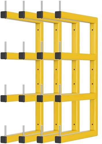 Holzregale, Wandhalterung, robuster Garagen-Holz-Organizer mit 8 Ebenen, gelbes Allzweckregal, Organisation bis 725 kg, Metall-Holzregal für drinnen und draußen, 4 Stück