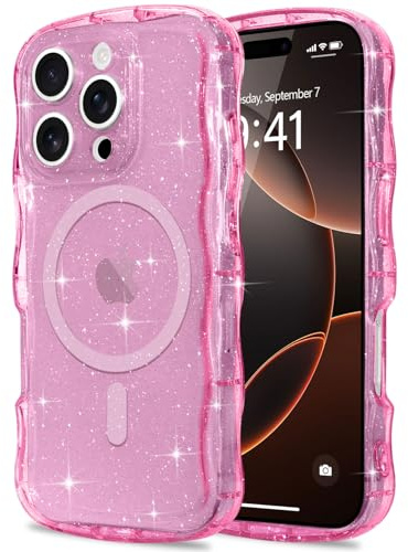 Pepmune Cover Glitter per iPhone 16 Pro Compatibile con Magsafe, Rosso Rosa | Cornice Ondulata Forma Custodia. Brillare Glitter Cover per Donne e Ragazze. Protettiva Sottile Antiurto Case.