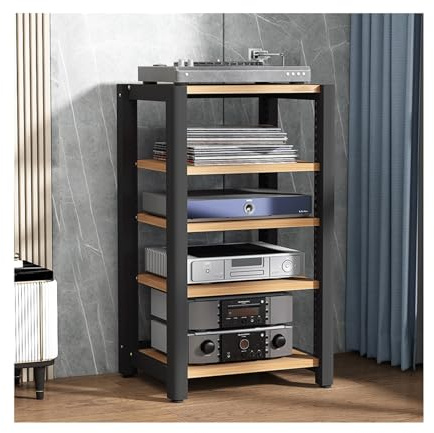 HTYUKFDG HIFI Stereo Stand Audio Tower Rack with Adjustable Shelves Wooden AV Component Media Stand Corner Shelf CD DVD Record Player Display Cabinet for Theater(Natural,5 Tier)