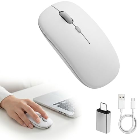 Wireless Mouse Bluetooth 5.2 2.4GHz USB & USB-C Receiver Rechargeable White | Dual Mode Connection, 3 Adjustable DPI 1600/1200/800, Quiet Click Ergonomic Design, for MacBook, iPad, Laptop, PC & Tablet