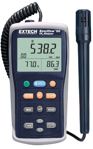 Extech EA80 EasyView Indoor Air Quality Meter and Datalogger - CO2, Temperature, Humidity, Dew Point, Wet Bulb, NDIR Sensor, 20,000 Data Set Logging, Backlit LCD