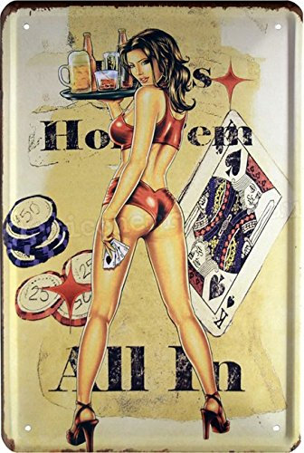 WOGEKA ART Retro Blechschild - All In - Casino Waitress Roulette Pin Up - witziger Spruch als Geschenk-Idee Geburtstag Weihnachten Dekoration 20x30 cm Vintage-Design Metall 1628