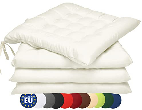 Beautissu 4er Set Stuhlkissen 40x40 mit Bändern – Indoor & Outdoor Sitzkissen Lea mit 5 cm Polsterung - Auflagen für Gartenmöbel & Stühle in Ecru