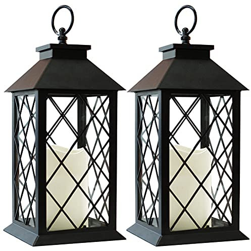 Bright Zeal 2-Pack 13.5 Vintage Candle Lantern with LED Pillar Candle (Black, 6hr Timer) - IP44 Waterproof Battery Powered Candle Lantern - Outdoor Patio Hanging Lantern Decorative Tabletop Lantern