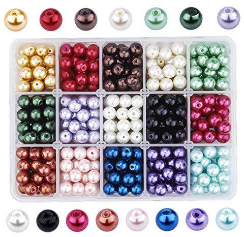 PandaHall - 450pcs 15 Couleurs Perle en Verre 8mm Perles Rondes Perles Nacrées Teint Environmental pour pour la Création de Bijoux de Collier de Bracelet, Trou: 1mm