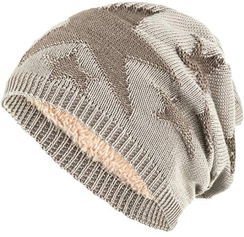 Compagno Sternen Wintermütze warm gefütterte Beanie Flechtmuster Einheitsgröße Mütze, Farbe:Beige