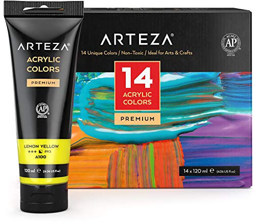 ARTEZA Acrylfarben, Set mit 14 Farbtuben, 120 ml Acrylfarbe pro Tube, Künstler Farben für Leinwand, Steine, Holz, Künstlerbedarf für Acrylmalerei