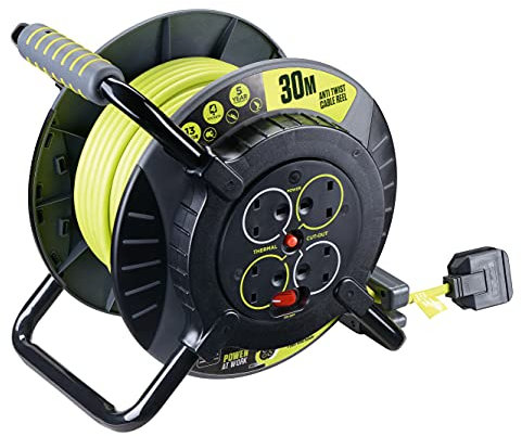 Masterplug Pro-XT Four Socket Anti Twist Open Cable Reel Extension Lead with Winding Handle, Thermal Cut Out and Power Switch, 30 Metres High Visibility Cable
