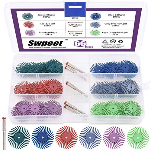 Swpeet - Juego de discos de pulido de disco abrasivo con vástago de 1/8 pulgadas para herramientas rotativas de limpieza y desbarbado (66 unidades, grano mixto 80/120/220/400/600/1000)