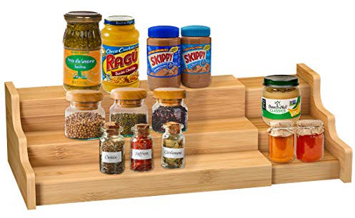 Spice Rack Kitchen Cabinet Organizer- 3 Tier Bamboo Expandable Display Shelf