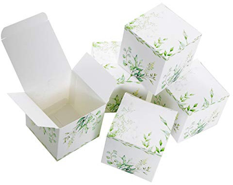 Logbuch-Verlag 25 kleine Geschenkboxen grün weiß Blätter Eukalyptus Zweige - Gastgeschenk Verpackung Give-Away Schachtel zum Befüllen 7 x 7 cm Hochzeit Taufe Hochzeitsdeko