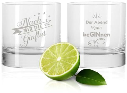 GRAVURZEILE 2er Set GIN-Gläser - Nach mir die GINflut & Der Abend kann beGINnen - Geschenk für Kollegen, Freunde & Familie - Witziges Geburtstagsgeschenk - Party Mitbringsel Geschenkset