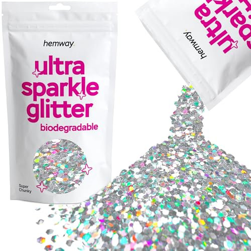 Hemway Eco Friendly Biodegradable Glitter - Silver Holographic | Super Chunky Plant-Based Metallic Flakes for Arts & Resin Crafts | Bio Supplies for Festival, Hair, Face, Body & Nail Art | 100 g