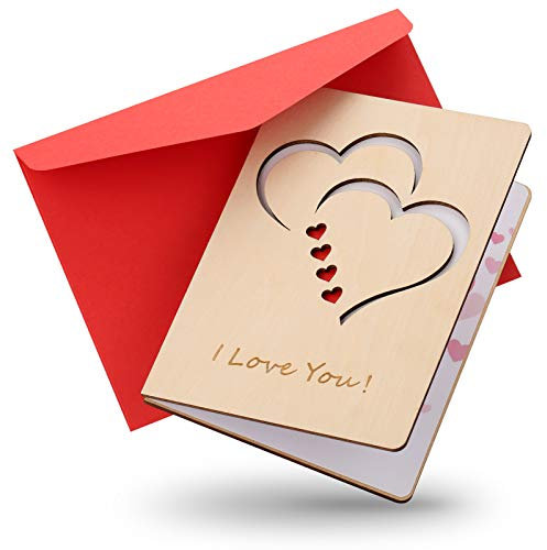 BYRRSF Holz Jubiläumskarte mit Umschlag Valentinstag Karte für Frauen Frau Freundin Ehemann Freund Geburtstagskarte mit Herz Hölzerne Grußkarte zum Valentinstag Jubiläum Geburtstag(Ich liebe dich)