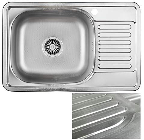 VBChome Einbauspüle 66x42 Satinstruktur Edelstahl Küchenspüle mit Hahnloch Spüle Ablagefläche Abtropffläche Rechts eckiges Camping Ablaufgarnitur Siphon