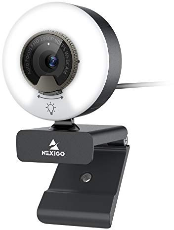 NexiGo N960E 60FPS Autofokus 1080P Webcam mit 2 Stereo Mikrofon, Ringlicht und Abdeckung, USB Kamera für Streamen von Online-Kursen, Kompatibel mit Zoom/Skype/Teams, PC Mac Laptop Desktop