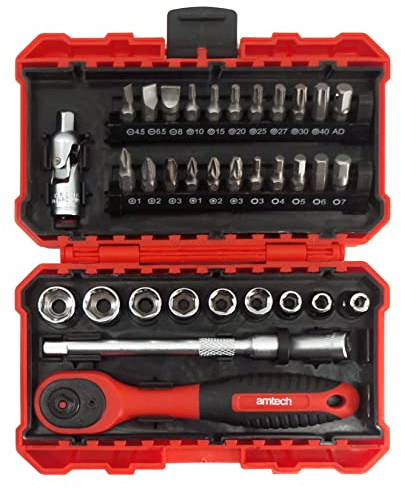 Amtech - 1/4in Metric Socket & Bit Set, 72T Quick-Release Ratchet, 9 sockets 4–13mm, 22 bits, 100mm Extension & Universal Joint, for Furniture, Bikes & auto Maintenance (35pc)