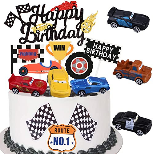 MEZHEN Auto Tortendeko Geburtstag Kuchen Deko Auto Cake Topper Happy Birthday Kuchendeko Kindergeburtstag Torte Deko Geburtstagsparty Kuchendekoration Rennen Cupcake Topper