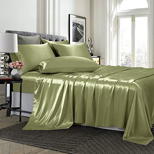 TREELY Satin-Bettlaken, 6-teilig, Hotel-Luxus-Bettlaken-Sets mit tiefer Tasche, Spannbetttuch – olivgrün, 1 Bettlaken, 4 Satin-Kissenbezüge, weich und atmungsaktiv