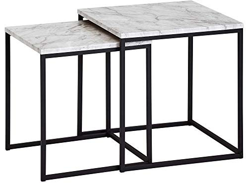 möbelando Design Beistelltisch 2er Set Marmor Optik Weiß | Couchtisch 2 teilig Tischgestell Schwarz | Kleine Wohnzimmertische | Moderne Satztische