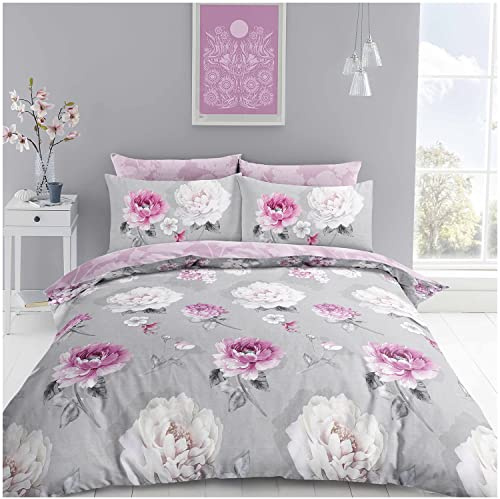 Super Dreamer Rose Duvet Covers Double, Reversible Complete Bedding Set Quilt Cover With Fitted Sheet & Pillowcases, Grey/Blush Pink, 715931