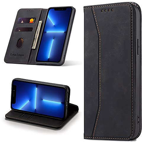 Leaisan Handyhülle für iPhone 13 Pro Hülle Premium Leder Flip Klappbare Stoßfeste Magnetische [Standfunktion] [Kartenfächern] Schutzhülle für iPhone 13 Pro 5G (6,1 Zoll) Tasche - Schwarz