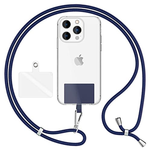 NALIA HoldMe Air Universal-Kette mit Pad, Band für Handy-Hülle zum Umhängen, Karabinerhaken aus Metall (silber), Schlüsselband Umhängeband 160 CM, Crossbody Lanyard mit Schlaufe, Farbe:Dunkelblau