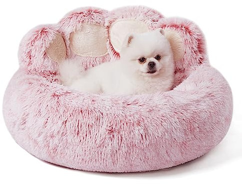 Jiupety Lit Rond pour Chien Chat de Forme de la Patte, Panier pour Chien en Forme de Beignet, Grand Format Le diamètre est de 66 cm, Confortable et Doux, Lavable en Machine, Rose