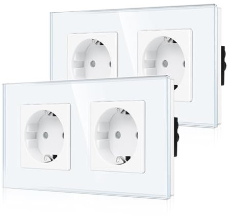 2er-Pack CNBINGO Glas Doppelsteckdose Unterputz in Weiß - Zweifach Schuko Steckdose mit Kindersicherung - 16 Amp Schutzkontakt Wandsteckdose mit Glasrahmen