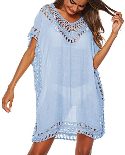 Tunika Damen Sommer: Luftig Urlaub Strandkleid Lang Beach Mode Pareos Strand Musselin Kaftan Ibiza Style Afrikanische Sexy Strandkleider Sarong Elegant Sommer Bikini Cover Up Häkelkleid