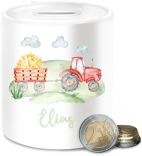 Spardose - Traktor Trecker Bauer Schlepper Landwirtschaft Bulldog - Unisize - Weiß - personalisierte Geschenke für traktorfans Traktoren und Name spardosen Kinder kindersparbüchse Tractors Motiv