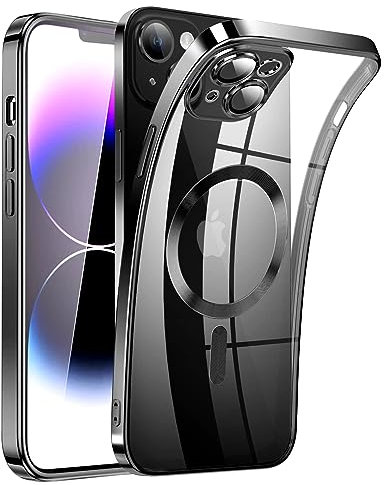 SEOUGEE Magnetic Clear for iPhone 14 Plus Case with MagSafe [Non-Yellowing] [Integrated Camera Cover] Shockproof Silicone Cover [Anti-Fingerprint Scratch] Wireless Charging (Space Black)