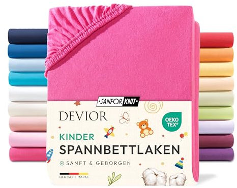 Devior Jersey Kinderspannbettlaken 60x120cm - 70x140cm, 100% Baumwolle, Matratzenhöhe bis 12cm, Pink – 135 g/m² Anti-Statisches, atmungsaktives Bettlaken mit Einlaufschutz, Matratzenbezug Pink