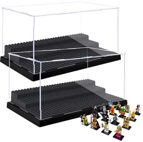 RHBLME 2 Pack Display Case for Minifigures Action Figures Blocks, Clear & Dustproof Acrylic Minifigure Display Case Box Storage with 3 Movable Steps, Figure Display Case for Lego Lovers