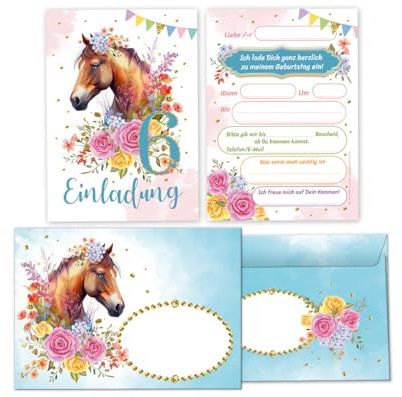 Minkocards 8 Einladungskarten incl. 8 Umschläge zum 6. Kindergeburtstag Mädchen Pferd Einladung sechste Geburtstag Kinder Einladungsset