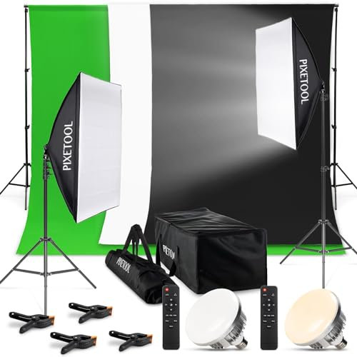 PIXETOOL Fotostudio Set - Greenscreen (2,8mx1,8m) mit Ständer (2m x 2m) – Softbox Mit Lampen Set - 3X Fotohintergrund - Reflektor - Gaming Streaming Fotografie Zubehör - Studiolicht Fotolampe
