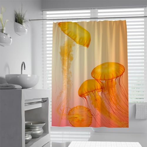 Orange Duschvorhang Quallen Duschvorhänge für Badezimmer Sea Life Koralle Aquarell Lustiger wasserdichter Stoff Home Badezimmer Dekor W220 x L180cm
