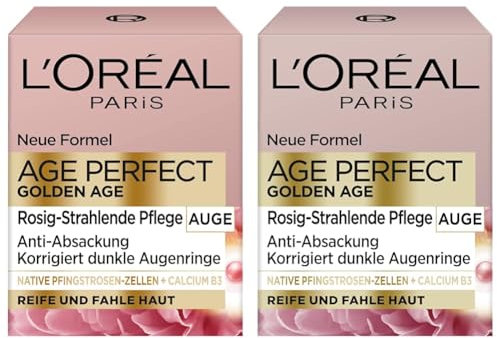 L'Oréal Paris Augenpflege, Age Perfect Golden Age, Anti-Aging Augencreme, Aufhellung und Anti-Absackung, Für reife und fahle Haut, Mit Pfingstrosen-Extrakt und Calcium B5, 15 ml (Packung mit 2)