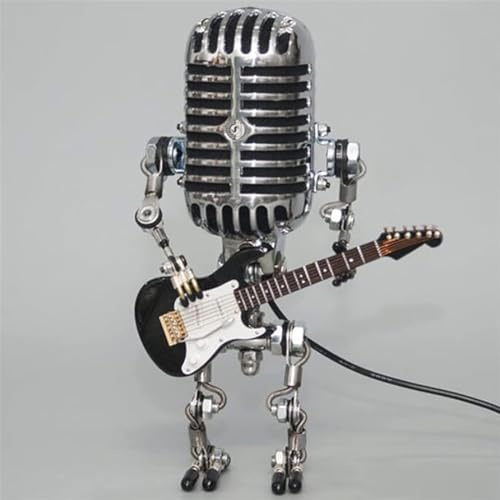 Qklovni Vintage Microphone Robot Desk Lamp, Metal Microphone Robot Lamp with Mini Guitar, Vintage Light Home Decor Nightstand Desk Lamp for Bedroom, Bar, Restaurant (Black)