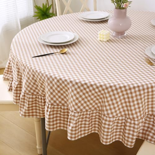 K MASANIJI Gingham-Tischdecke mit Rüschen, 100 % gewaschene Baumwolle, kariert, Vintage-Tischdecke, Durchmesser 178 cm, Taupe kariert